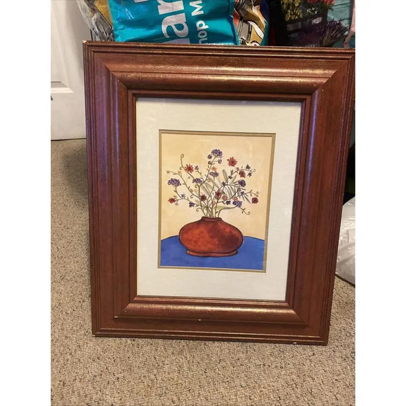 Old Vtg WATERCOLOR Art PAINTING ? FLORAL POT Wood Framed WALL HANGING 17”x20” - Picture 8 of 8